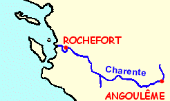 Map of Charente. One of the most beautiful rivers in France navigable by boat without a license from Rochefort to Angoulême